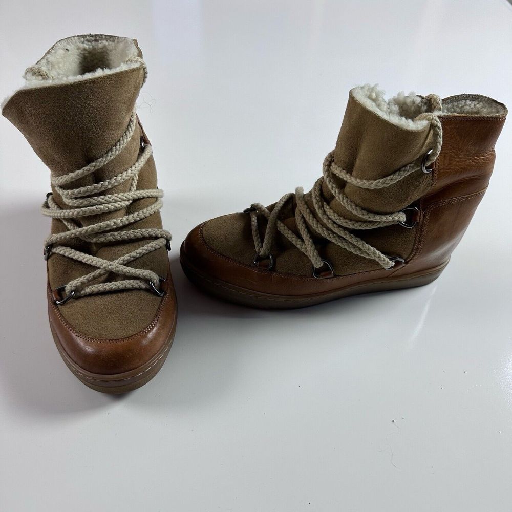 Isabel Marant Nowles Boot Womens Size 37 Ankle Shearling Suede Wedge Brown Beige